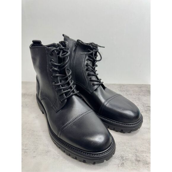 BP Lace Up Boots Size 9.5 Black Leather Block Heel Rubber Sole NEW - Picture 2 of 8